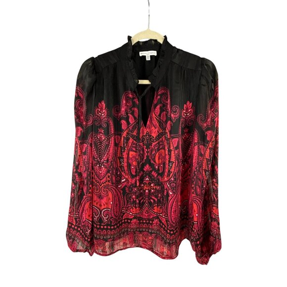 Maison d' Amelie Red & Black Long Sleeve Paisley Blouse Size M Feminine Evening - Picture 6 of 8